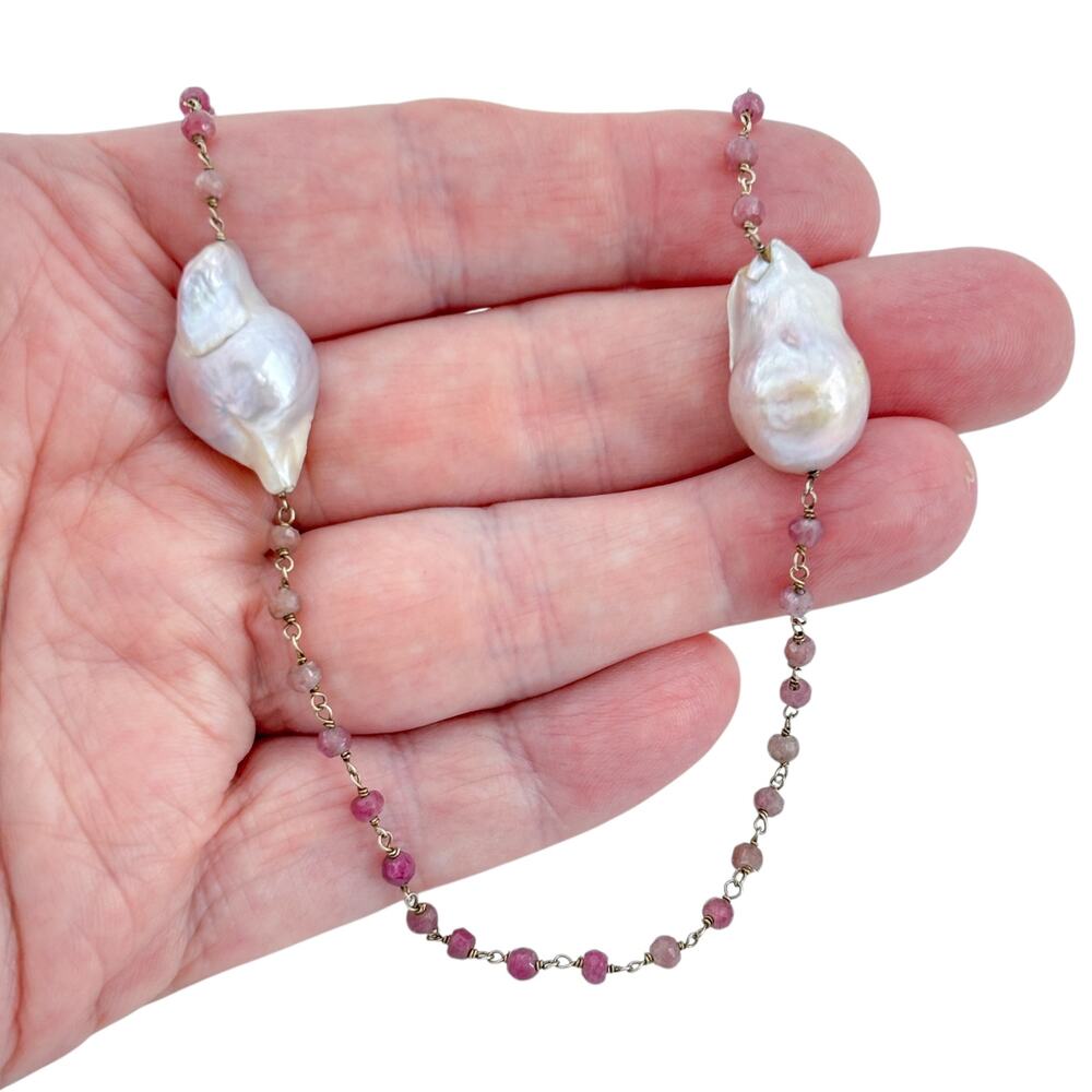Vintage Sterling Silver 925 Tourmaline Baroque Imitation Pearl Necklace 37"